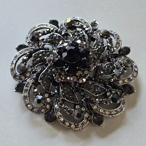 Sophisticated Black and Silver Floral Brooch Large Statement Monochrome Formal